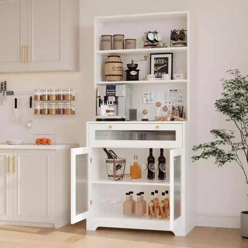 62 Farmhouse Pantry Cabinet with Glass Doors,3-Tier Open Shelf & Drawer, Adjustable Shelves for Kitchen, Dining Room Storage Organizer