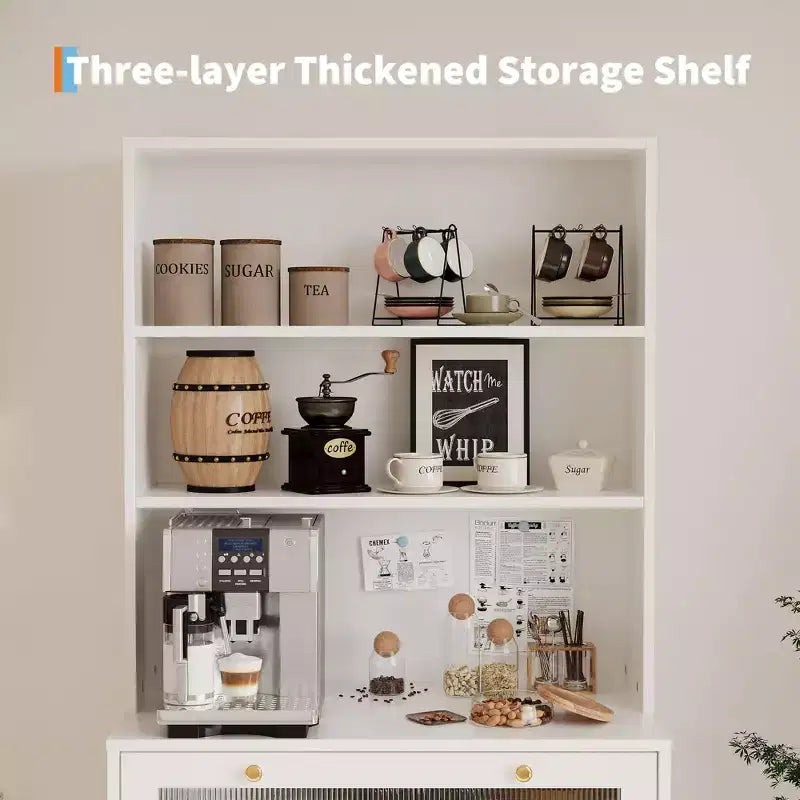 62 Farmhouse Pantry Cabinet with Glass Doors,3-Tier Open Shelf & Drawer, Adjustable Shelves for Kitchen, Dining Room Storage Organizer
