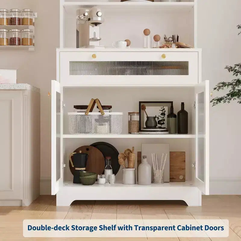 62 Farmhouse Pantry Cabinet with Glass Doors,3-Tier Open Shelf & Drawer, Adjustable Shelves for Kitchen, Dining Room Storage Organizer