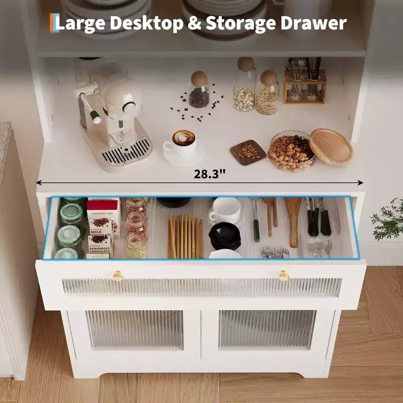 62 Farmhouse Pantry Cabinet with Glass Doors,3-Tier Open Shelf & Drawer, Adjustable Shelves for Kitchen, Dining Room Storage Organizer