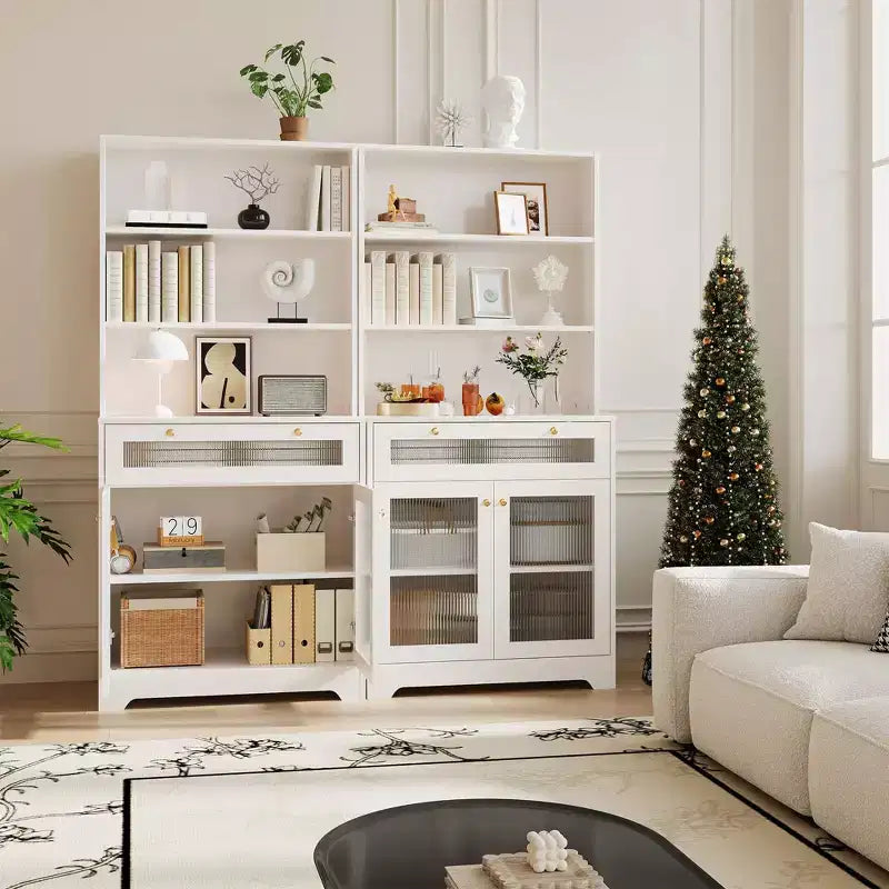 62 Farmhouse Pantry Cabinet with Glass Doors,3-Tier Open Shelf & Drawer, Adjustable Shelves for Kitchen, Dining Room Storage Organizer