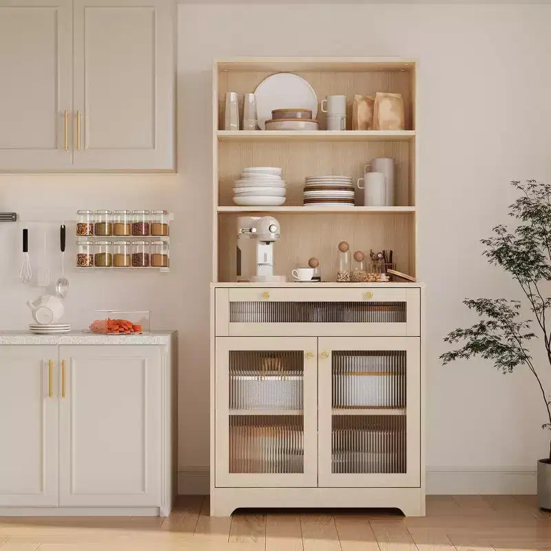62 Farmhouse Pantry Cabinet with Glass Doors,3-Tier Open Shelf & Drawer, Adjustable Shelves for Kitchen, Dining Room Storage Organizer
