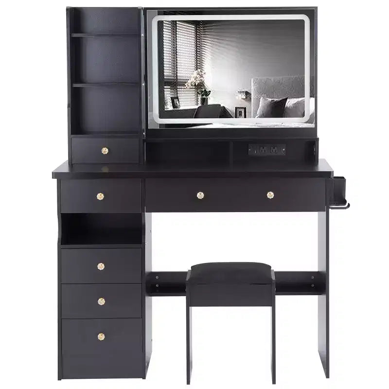 Makeup Vanity Desk with Mirror and Light, Dresser Desk Padded Stool Set, Makeup Vanity with Charging Station, Adjustable Brightness