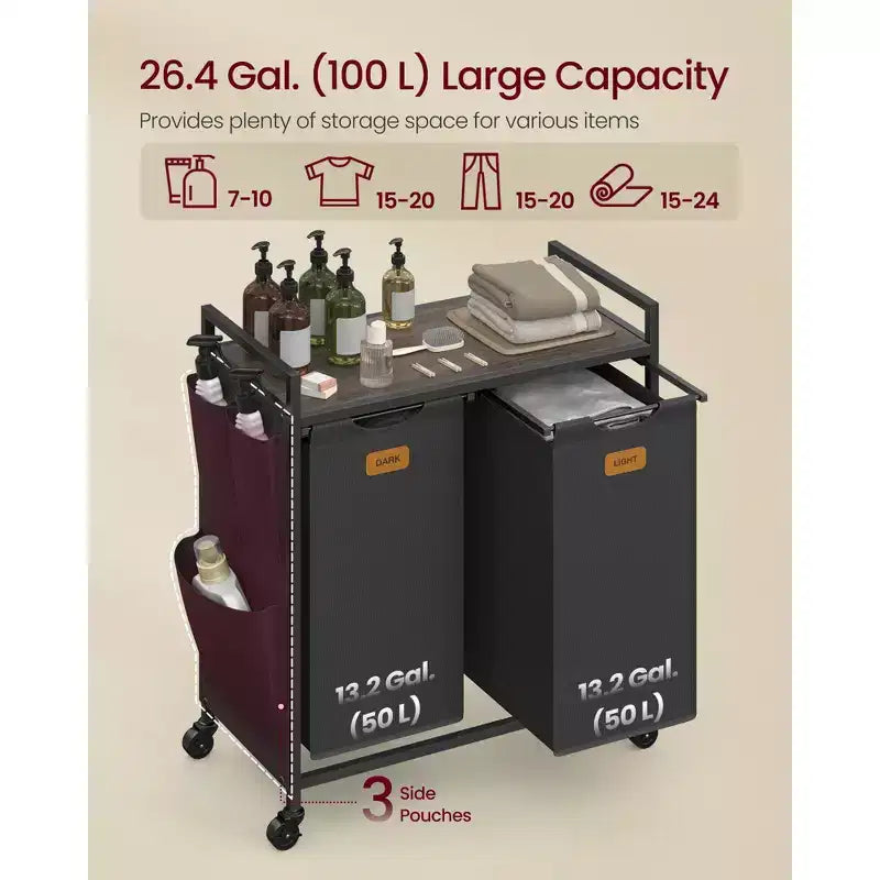 VASAGLE Laundry Hamper, Rolling Cart with Shelves, Small Side Pockets, 6 Labels, 2 Compartments, 26.4 Gal. (100 L), Ink Black and Ash Brown