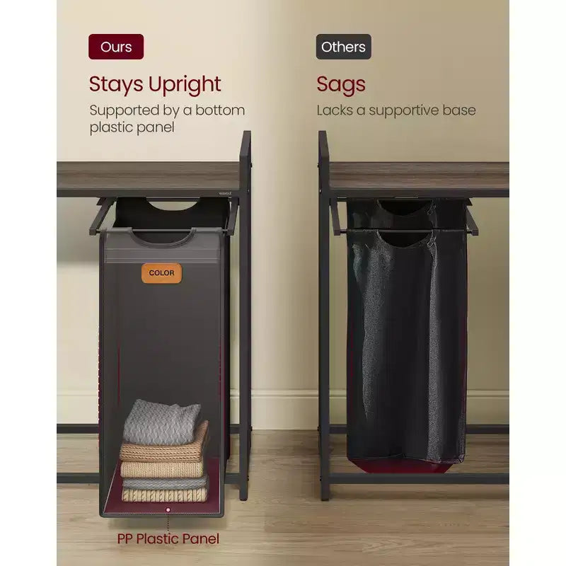 VASAGLE Laundry Hamper, Rolling Cart with Shelves, Small Side Pockets, 6 Labels, 2 Compartments, 26.4 Gal. (100 L), Ink Black and Ash Brown