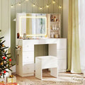 Okak Stylish Vanity Desk with Mirror, Makeup Vanity with Padding Storage Stool, Dressing Table with Adjustable Mode for Living Room, White