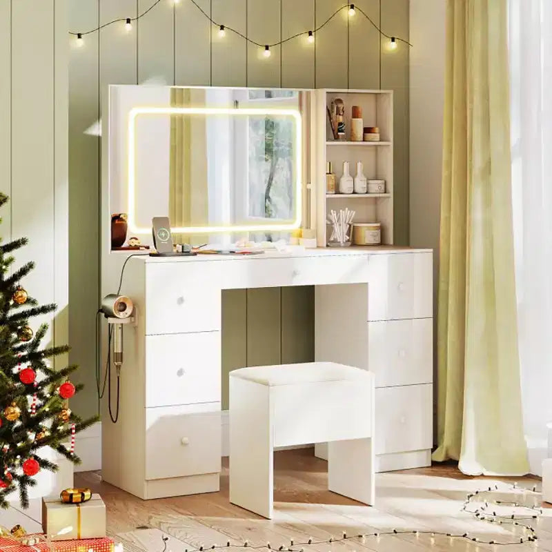 Okak Stylish Vanity Desk with Mirror, Makeup Vanity with Padding Storage Stool, Dressing Table with Adjustable Mode for Living Room, White
