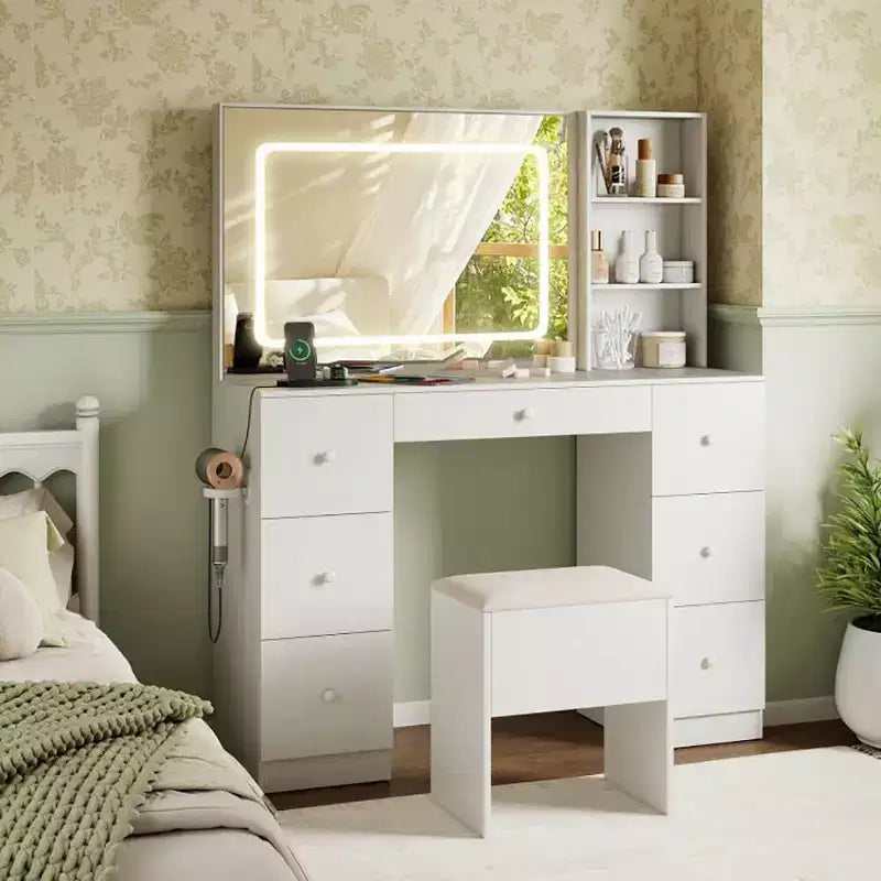 Coiffeuse élégante avec miroir, coiffeuse de maquillage avec tabouret de rangement rembourré, table de toilette avec mode réglable pour le salon, blanc