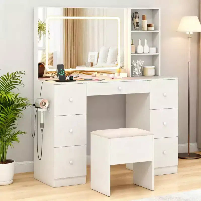 Coiffeuse élégante avec miroir, coiffeuse de maquillage avec tabouret de rangement rembourré, table de toilette avec mode réglable pour le salon, blanc