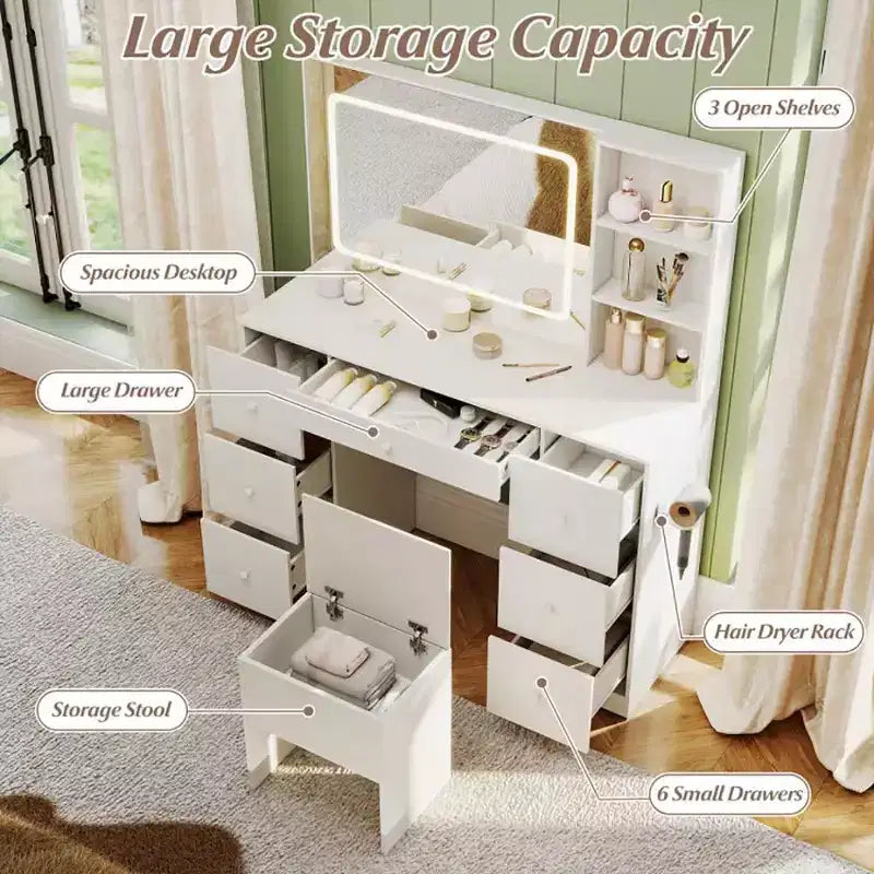 Coiffeuse élégante avec miroir, coiffeuse de maquillage avec tabouret de rangement rembourré, table de toilette avec mode réglable pour le salon, blanc