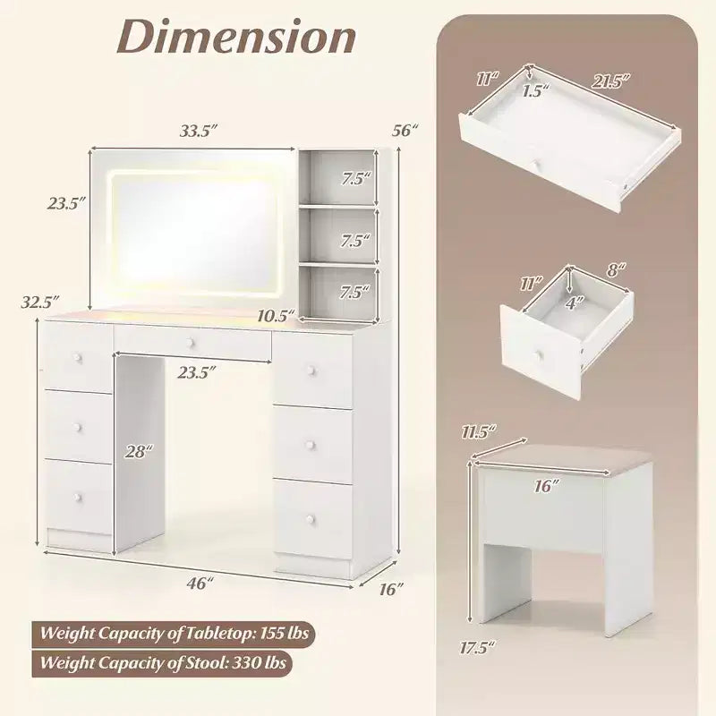 Coiffeuse élégante avec miroir, coiffeuse de maquillage avec tabouret de rangement rembourré, table de toilette avec mode réglable pour le salon, blanc