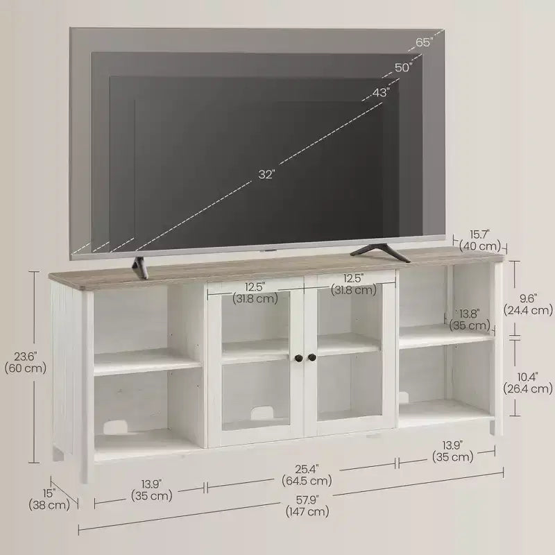 VASAGLE TV Stand for TVs up to 65 Inches, TV Cabinet with Open Shelves, Closed Cabinet, Glass Doors, Rustic White and Heather Greige