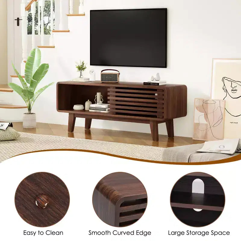 JVNOXK TV Stand for TV Up to 59 Inch, Entertainment Center with Storage Cabinet and Sliding Door, Mid-Modern Century Console Table for Living Room