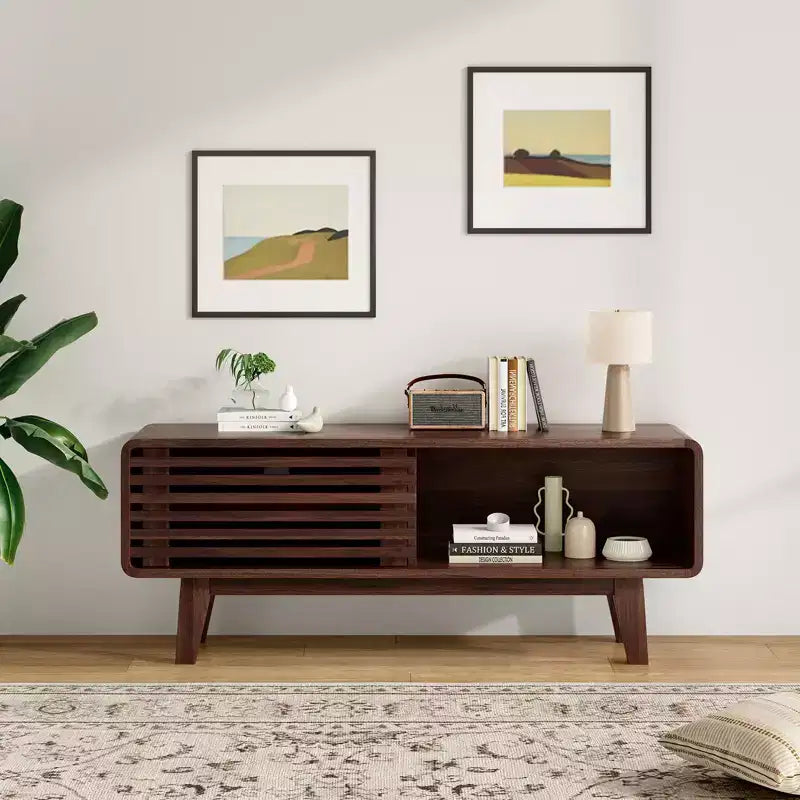 JVNOXK TV Stand for TV Up to 59 Inch, Entertainment Center with Storage Cabinet and Sliding Door, Mid-Modern Century Console Table for Living Room