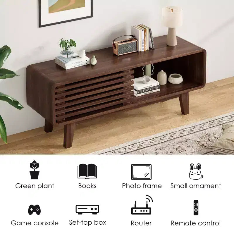 JVNOXK TV Stand for TV Up to 59 Inch, Entertainment Center with Storage Cabinet and Sliding Door, Mid-Modern Century Console Table for Living Room