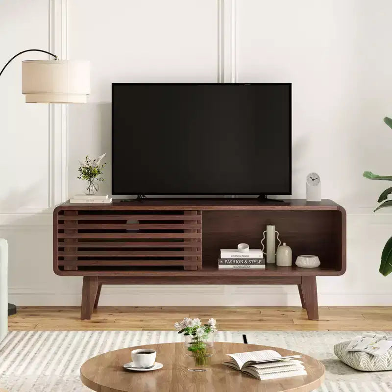 JVNOXK TV Stand for TV Up to 59 Inch, Entertainment Center with Storage Cabinet and Sliding Door, Mid-Modern Century Console Table for Living Room