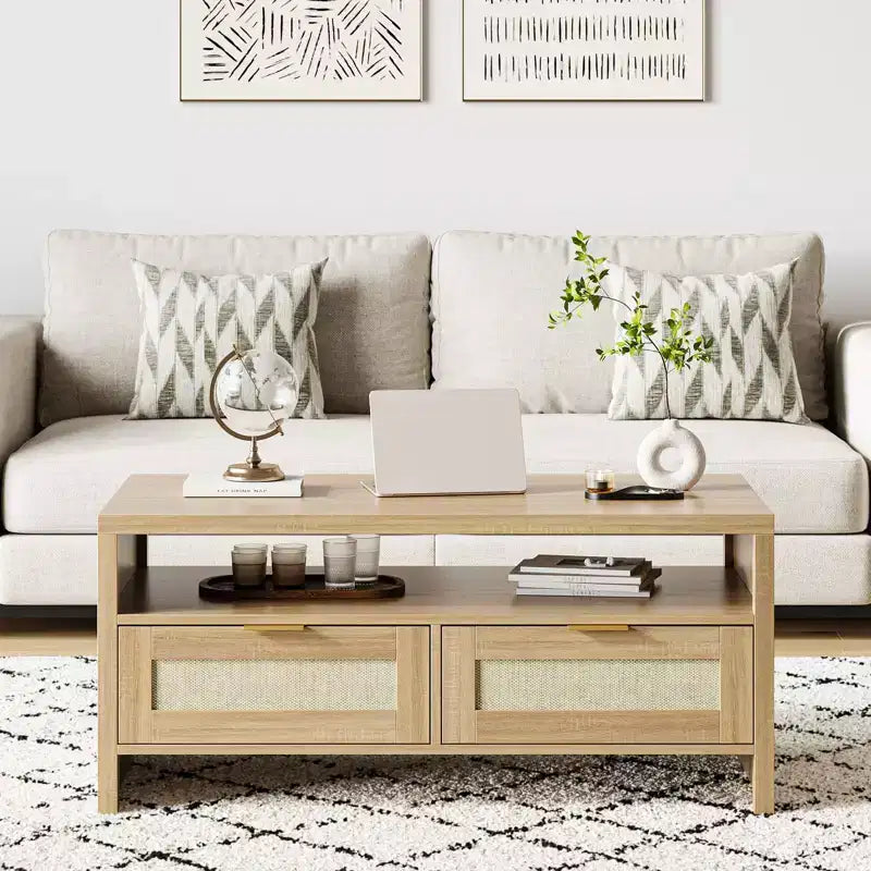 Oak 2-Tier Coffee Table C 102x50x45cm Mid Century Rattan Table with 2 Drawers for Living Room/Office