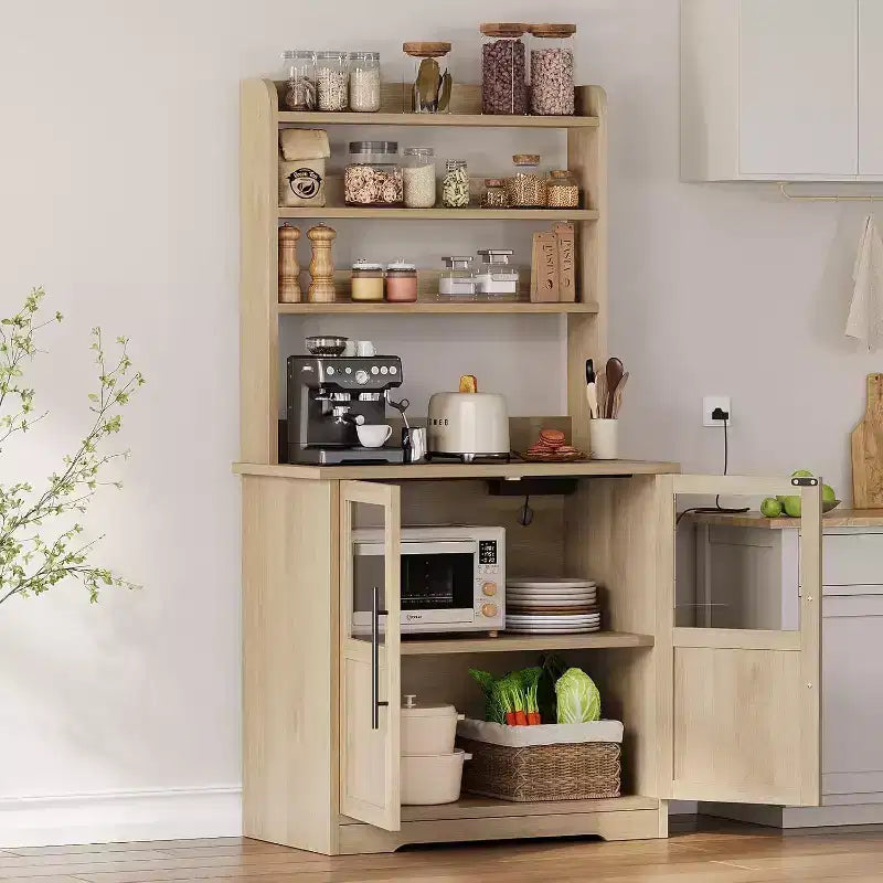 6-Tier Kitchen Bakers Rack With Storage Cabinet Microwave Oven Stand Pantry Hutch With Door Tall Versatile Storage Shelf Farmhouse Coffee Bar Cabinet