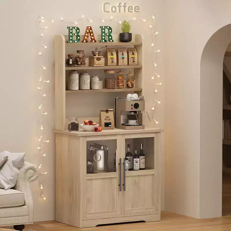 6-Tier Kitchen Bakers Rack With Storage Cabinet Microwave Oven Stand Pantry Hutch With Door Tall Versatile Storage Shelf Farmhouse Coffee Bar Cabinet