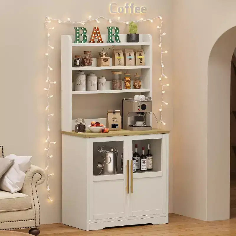 6-Tier Kitchen Bakers Rack With Storage Cabinet Microwave Oven Stand Pantry Hutch With Door Tall Versatile Storage Shelf Farmhouse Coffee Bar Cabinet