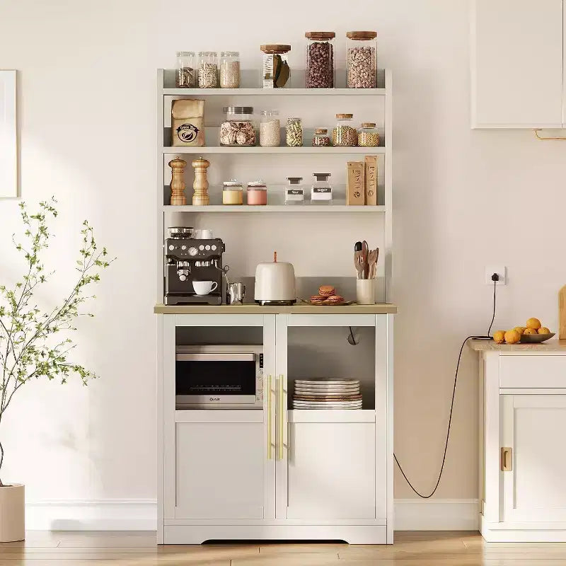 6-Tier Kitchen Bakers Rack With Storage Cabinet Microwave Oven Stand Pantry Hutch With Door Tall Versatile Storage Shelf Farmhouse Coffee Bar Cabinet