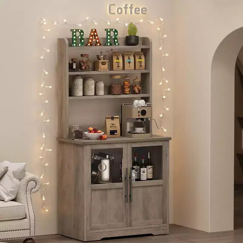 6-Tier Kitchen Bakers Rack With Storage Cabinet Microwave Oven Stand Pantry Hutch With Door Tall Versatile Storage Shelf Farmhouse Coffee Bar Cabinet
