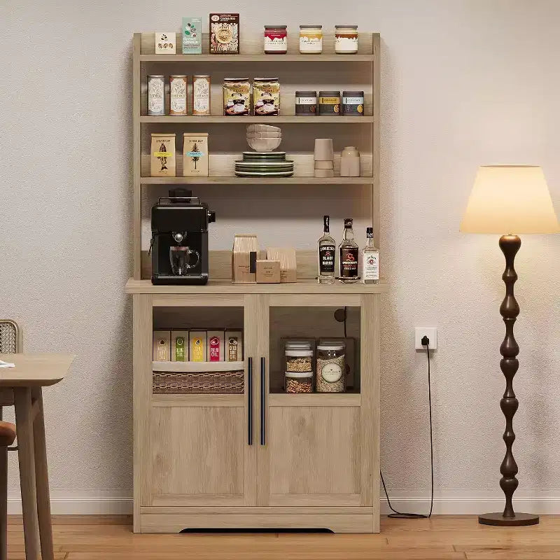 6-Tier Kitchen Bakers Rack With Storage Cabinet Microwave Oven Stand Pantry Hutch With Door Tall Versatile Storage Shelf Farmhouse Coffee Bar Cabinet