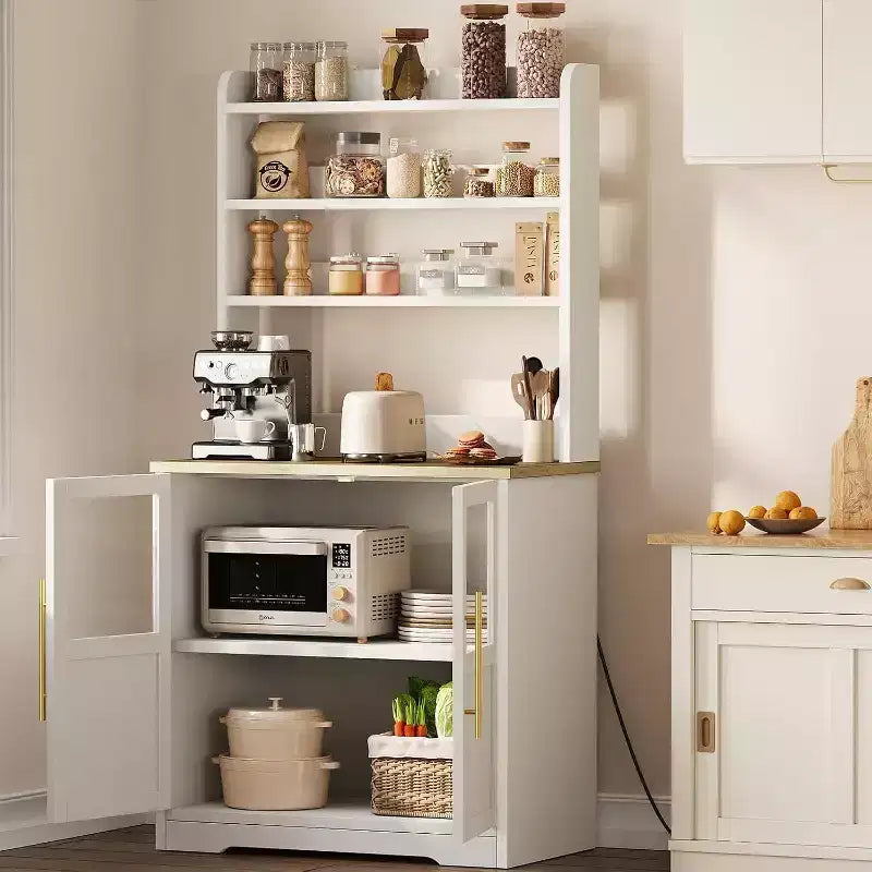 6-Tier Kitchen Bakers Rack With Storage Cabinet Microwave Oven Stand Pantry Hutch With Door Tall Versatile Storage Shelf Farmhouse Coffee Bar Cabinet