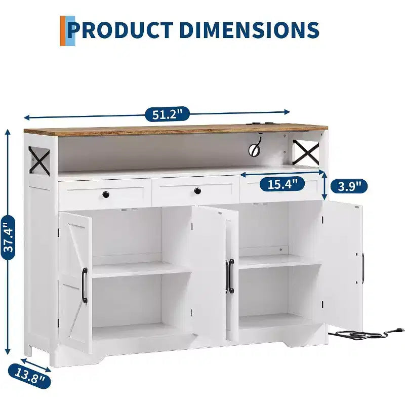 3-Drawer 4-Door Sideboard | White Particleboard | For Kitchen, Dining Room