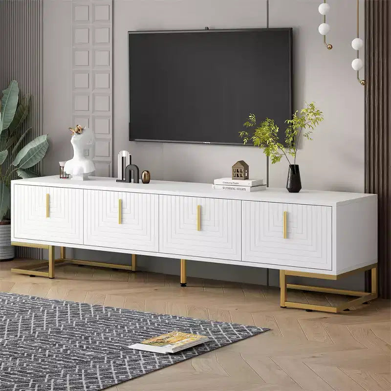TV Stand, Mid Century Modern Entertainment Center with Storage, Adjustable Shelves, Waveform Panel Wood TV Console Table Media Cabinet