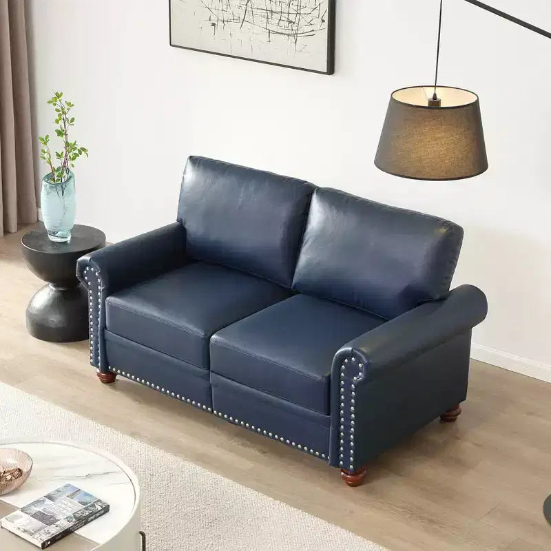 MAYEERTY Loveseat Sofa with Round Arm Silver Nails Couch Faux Leather for Liiving Room Office Navy Blue
