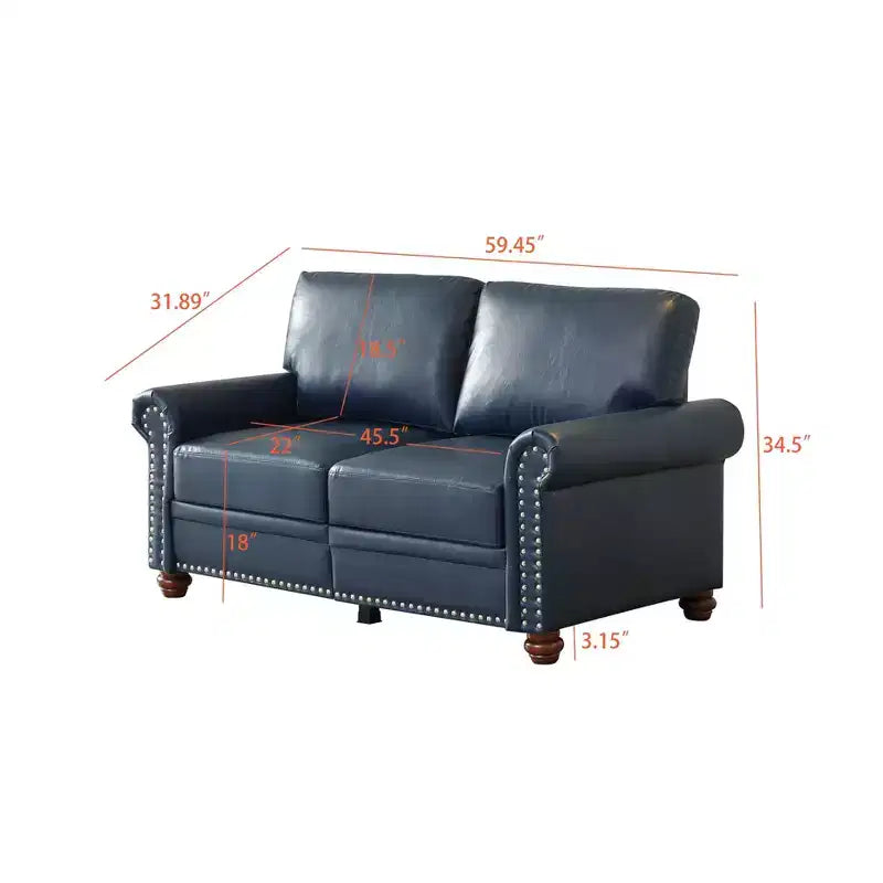 MAYEERTY Loveseat Sofa with Round Arm Silver Nails Couch Faux Leather for Liiving Room Office Navy Blue