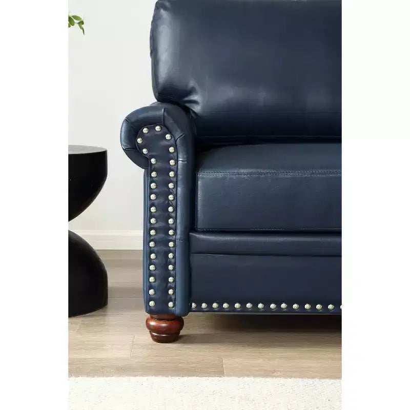 MAYEERTY Loveseat Sofa with Round Arm Silver Nails Couch Faux Leather for Liiving Room Office Navy Blue