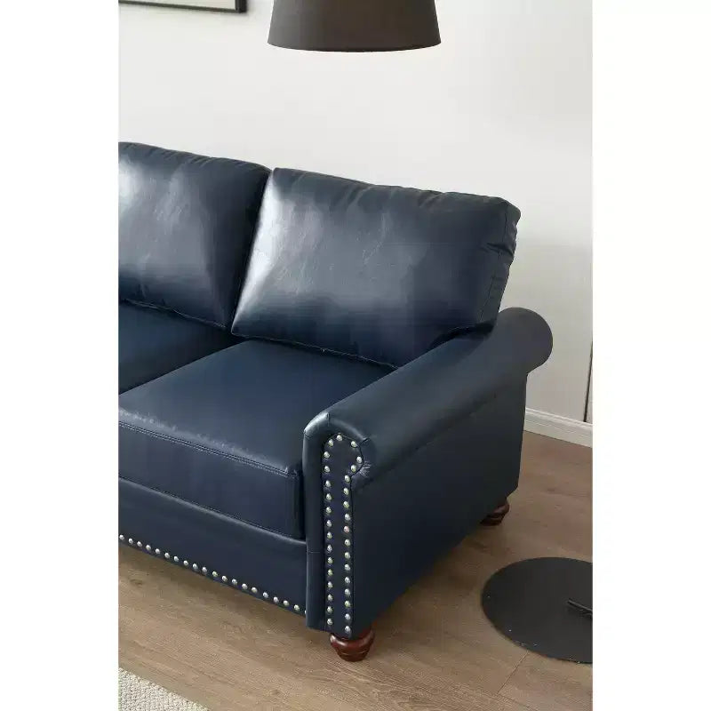MAYEERTY Loveseat Sofa with Round Arm Silver Nails Couch Faux Leather for Liiving Room Office Navy Blue