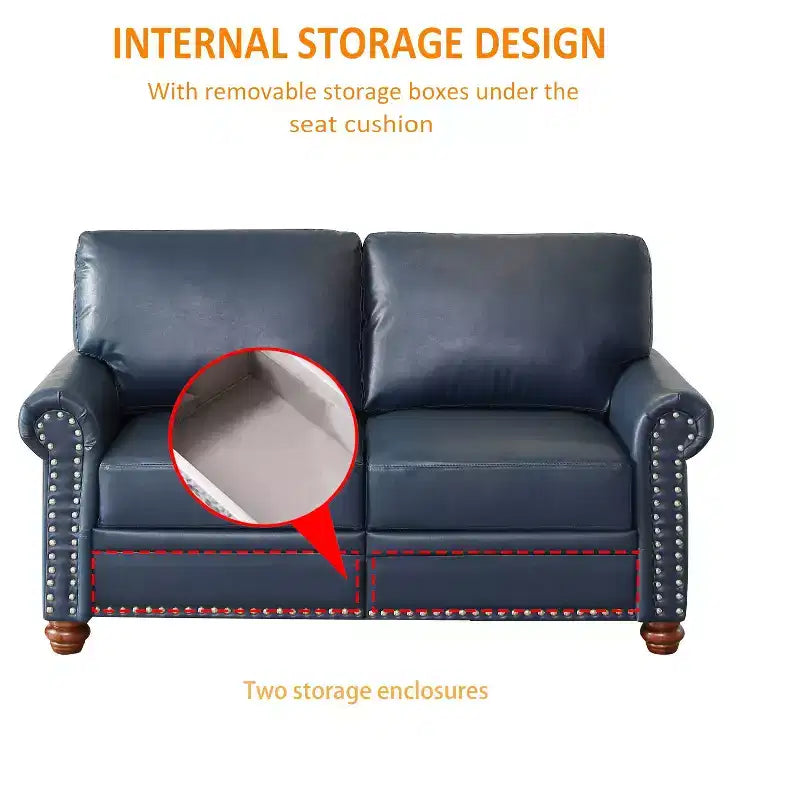 MAYEERTY Loveseat Sofa with Round Arm Silver Nails Couch Faux Leather for Liiving Room Office Navy Blue