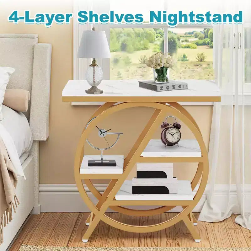 TUYOHW Industrial End Table,4-Tier Side Table with Rustic White Top & Gold Metal Frame,Staggered Shelves