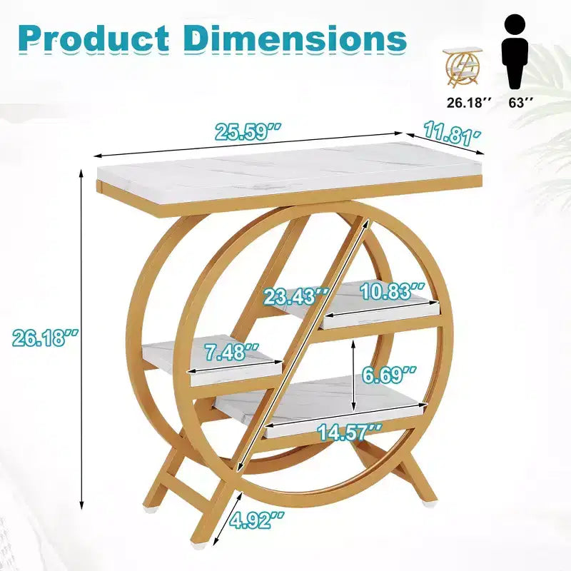 TUYOHW Industrial End Table,4-Tier Side Table with Rustic White Top & Gold Metal Frame,Staggered Shelves