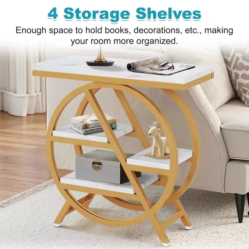TUYOHW Industrial End Table,4-Tier Side Table with Rustic White Top & Gold Metal Frame,Staggered Shelves