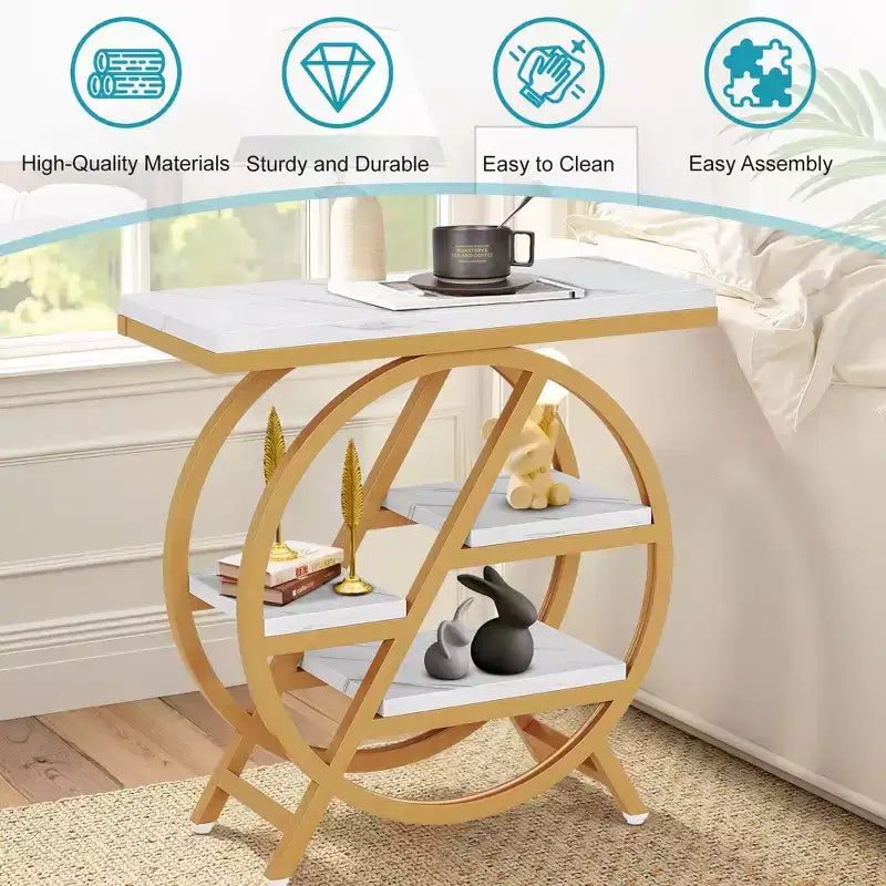 TUYOHW Industrial End Table,4-Tier Side Table with Rustic White Top & Gold Metal Frame,Staggered Shelves