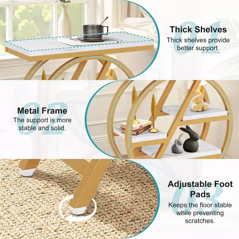 TUYOHW Industrial End Table,4-Tier Side Table with Rustic White Top & Gold Metal Frame,Staggered Shelves