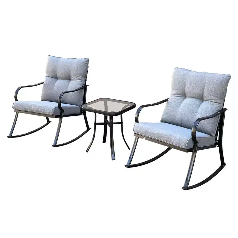 Modern 2 Seater Rocker Teapoy Set of 3, Upholstered Rocking Armchairs with Cushions for Patio Deck Porch Outdoor