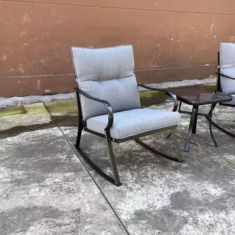 Modern 2 Seater Rocker Teapoy Set of 3, Upholstered Rocking Armchairs with Cushions for Patio Deck Porch Outdoor