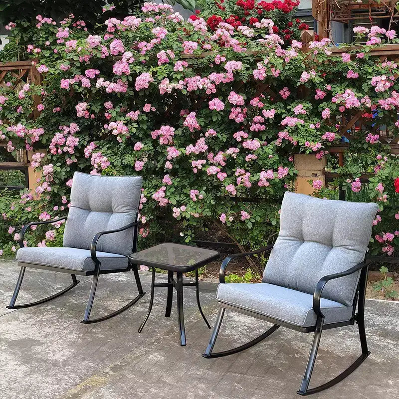 Modern 2 Seater Rocker Teapoy Set of 3, Upholstered Rocking Armchairs with Cushions for Patio Deck Porch Outdoor
