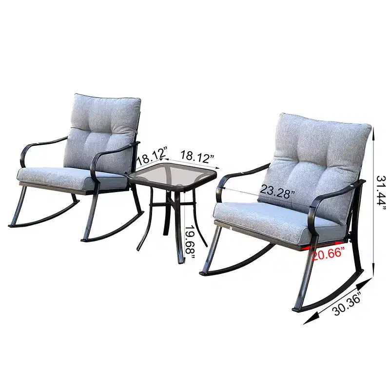 Modern 2 Seater Rocker Teapoy Set of 3, Upholstered Rocking Armchairs with Cushions for Patio Deck Porch Outdoor