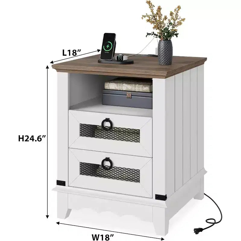 Farmhouse Nightstand with Charging Station, 2 Drawers & Open Cubby, 18 Side Table for Bedroom Living Room