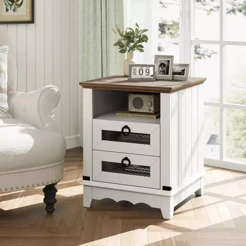 Farmhouse Nightstand with Charging Station, 2 Drawers & Open Cubby, 18 Side Table for Bedroom Living Room