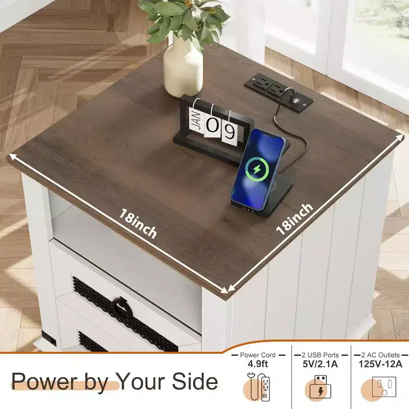 Farmhouse Nightstand with Charging Station, 2 Drawers & Open Cubby, 18 Side Table for Bedroom Living Room