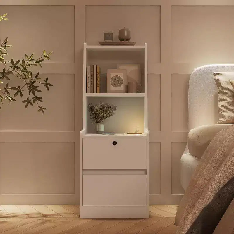 JVNOXK 15-inch Smart Nightstand with Charging Station, Voice-Activated Night Light, Built-in Bookshelf, Storage Compartment, White
