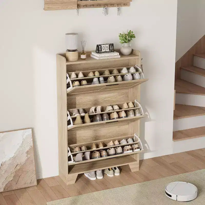 Shoe Cabinet Storage for Entryway, Slim Shoe Storage Cabinet with 3 Flip Drawers, Freestanding Hidden Narrow Shoe Organizer Cabinet with Hooks