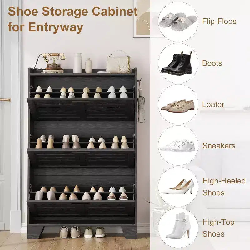 Shoe Cabinet Storage for Entryway, Slim Shoe Storage Cabinet with 3 Flip Drawers, Freestanding Hidden Narrow Shoe Organizer Cabinet with Hooks